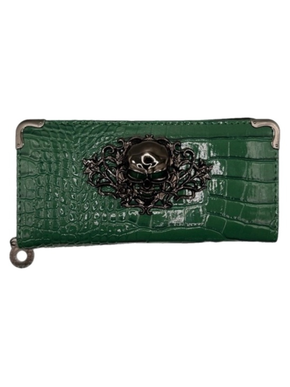 Emerald Green Embossed Women's Zip Around Wallet Black Metal 3D Skull